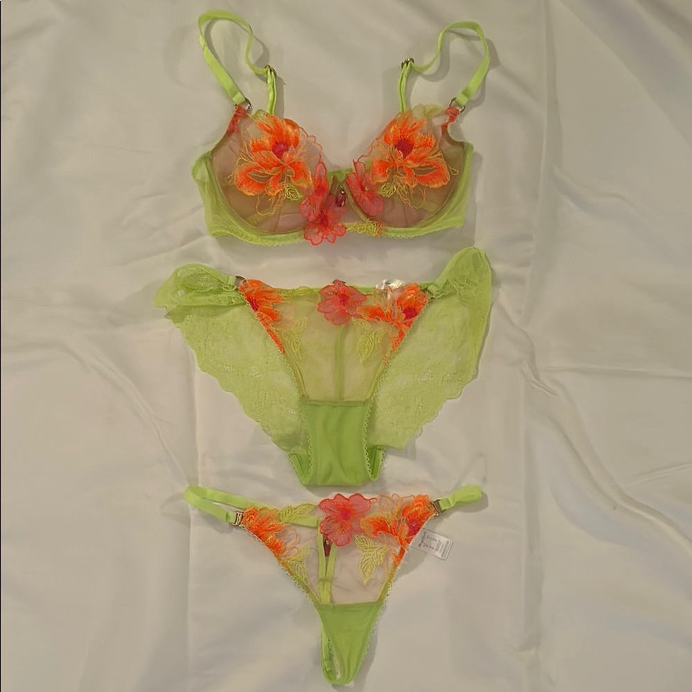 Honey Birdette Lingerie 3-Piece Set in Lime w Tangerine Flowers
